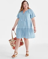 Style & Co Plus Split-Neck Flutter-Sleeve Chambray Swing Dress, Created for Macy's