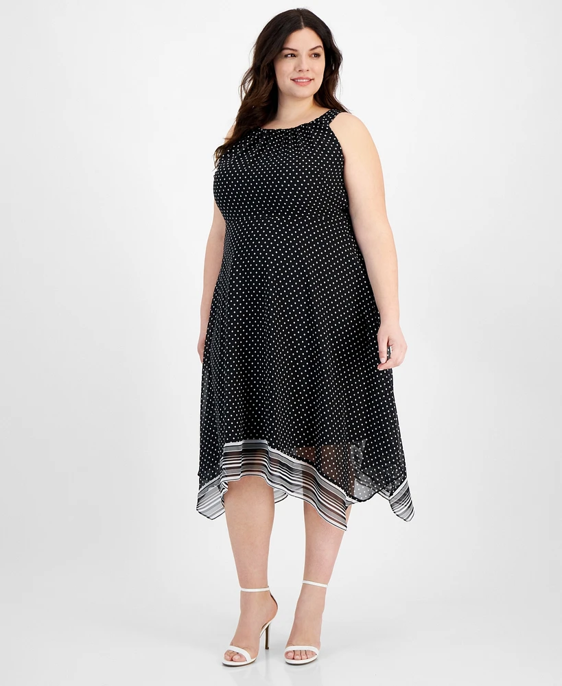 Robbie Bee Plus Size Polka-Dot Handkerchief-Hem Dress