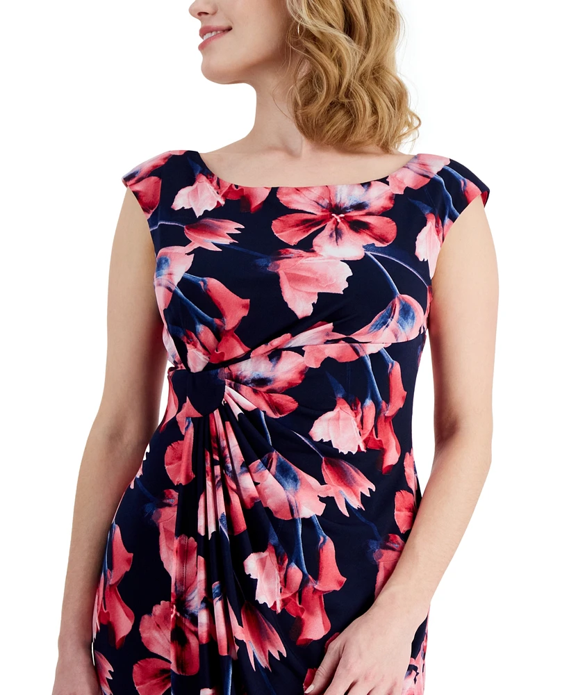 Connected Petite Printed Side-Gathered Sheath Dress