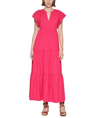 Calvin Klein Petite V-Neck Short-Sleeve Tiered Maxi Dress