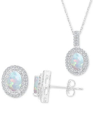 2-Pc. Set Lab-Grown Opal (1-1/6 ct. t.w.) & Lab-Grown White Sapphire (1 ct. t.w.) Oval Halo Pendant Necklace & Matching Stud Earrings in Sterling Silv