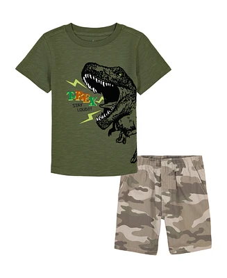 Kids Headquarters Little Boys Short Sleeve Dinosaur T-shirt and Prewashed Canvas Shorts Set