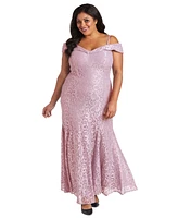 R & M Richards Plus Size Off-The-Shoulder Lace Gown