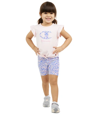 Champion Little Girls Logo-Graphic Flutter-Sleeve T-Shirt & Bike Shorts, 2 Piece Set