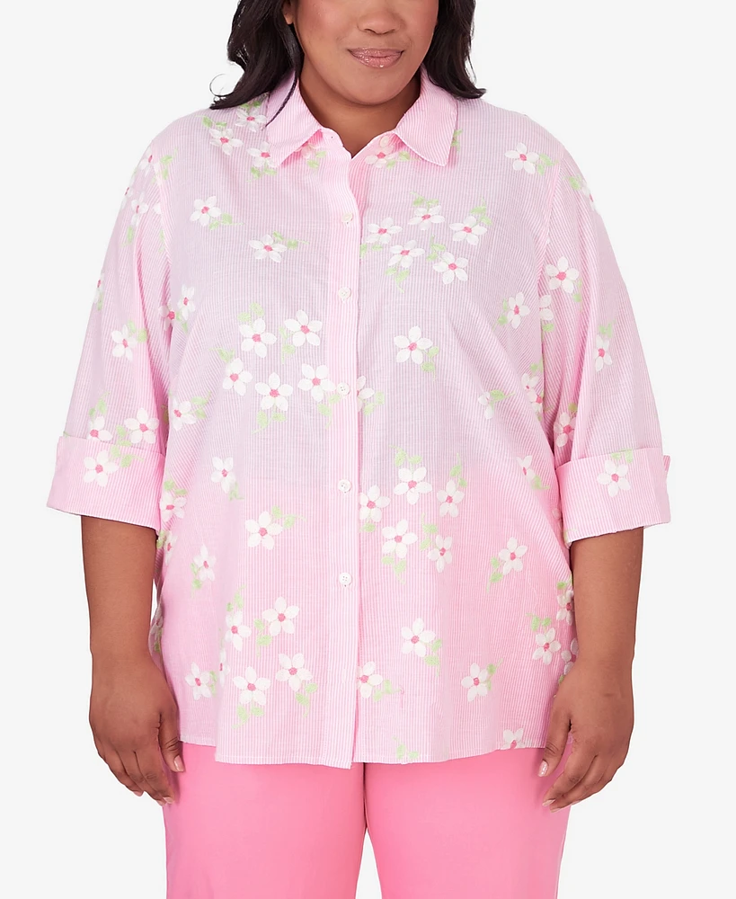 Alfred Dunner Plus Size Miami Beach Pinstripe Floral Embroidery Blouse