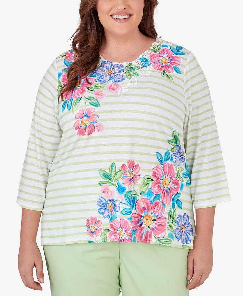 Alfred Dunner Plus Miami Beach Asymmetrical Stripe Floral Top