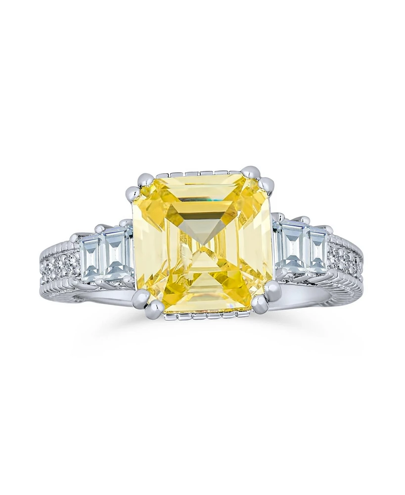 Bling Jewelry Elegant Timeless Art Deco Style 2CT Yellow Cz Square Asscher Cut Promise Ring For Women Baguettes Side Stone Band Sterling Silver