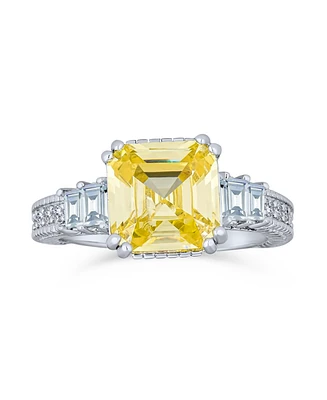 Bling Jewelry Elegant Timeless Art Deco Style 2CT Yellow Cz Square Asscher Cut Engagement Ring For Women Baguettes Side Stone Band Sterling Silver