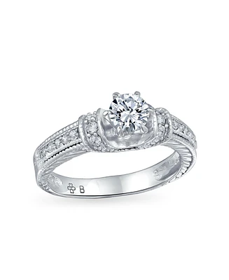 Bling Jewelry 1CT Brilliant Round Solitaire U Set 6 Prong Cz Engagement Ring With Intricate Heirloom Filigree Details on Sides Of Pave Band Sterling S