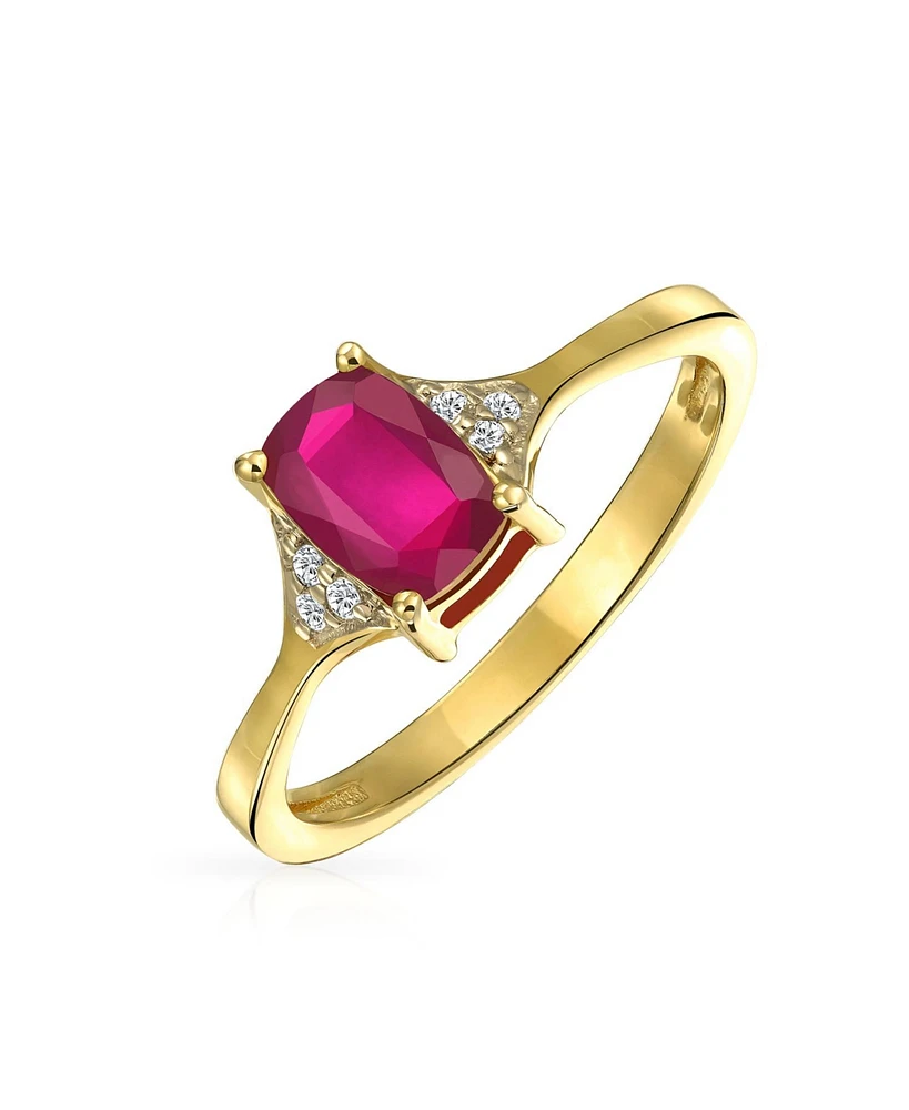 Bling Jewelry 2.34CT s Zircon Accent Red Synthetic Ruby Emerald Cut Cocktail Engagement Ring Yellow Gold Plated Sterling Silver