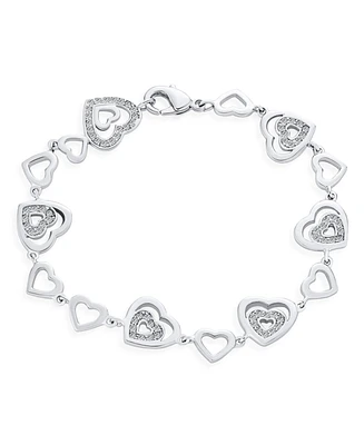 Bling Jewelry Clear Pave Cubic Zirconia Cz Alternating Open Multi Hearts Shape Bracelet For Women Rhodium 7 Inch