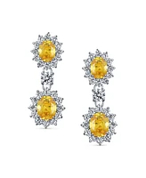 Bling Jewelry Statement Pave Crown Halo Cubic Zirconia Cz Drop Dangling Oval Chandelier Clip On Earrings For Women Non-Pierced