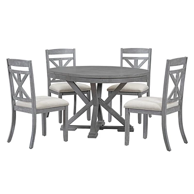 Simplie Fun 5-Piece Retro Functional Dining Table Set Extendable Round Table And 4 Upholstered Chairs For Dining Room And Living Room
