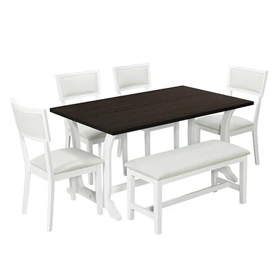 Simplie Fun Farmhouse 6-Piece Trestle Dining Table Set With Upholstered Dining Chairs And Bench