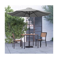 Forrest Five Piece Faux Teak Patio Dining Set - Table, Two Armless Stacking Club Chairs, 9' Gray Umbrella And Base