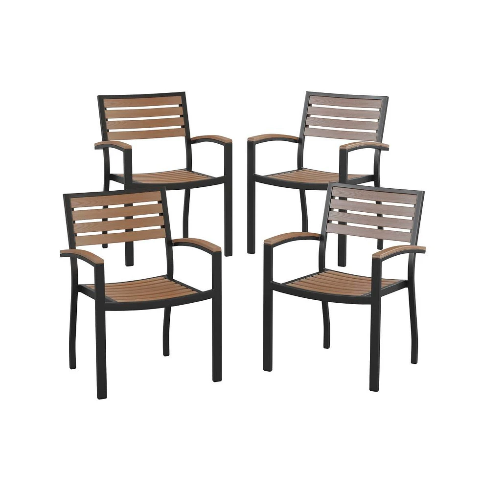 Set Of 4 Stackable All-Weather Aluminum Patio Chairs With Faux Teak Slats