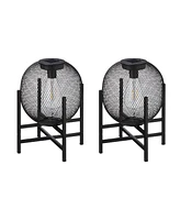 Glitzhome 11.5" H Set of 2 Metal Mesh Solar Powered Edison Bulb Outdoor Lantern with Stand