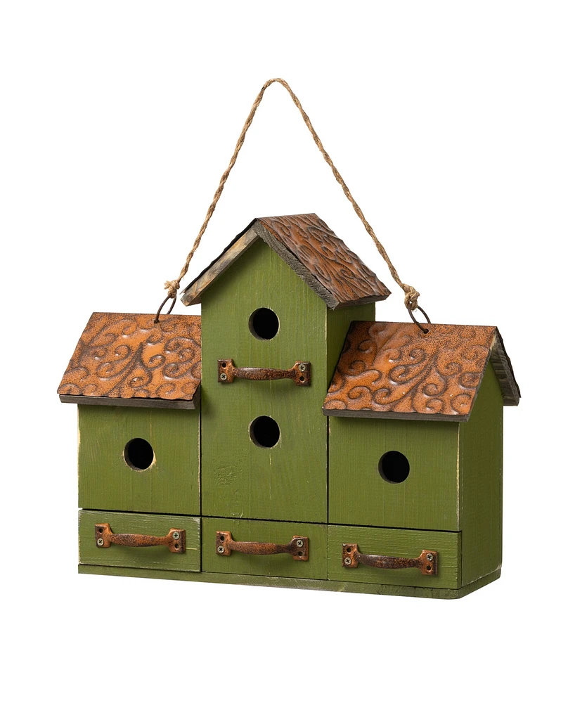 Glitzhome 16.25" L Oversized Washed Green Distressed Solid Wood Villa Decorative Outdoor Garden Birdhouse with Drawer-Shaped Birdfeeder