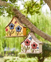 Glitzhome 10.5" H Washed Distressed Solid Wood Two-Story Townhouse Garden Birdhouse with 3D Flowers