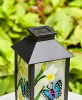 Glitzhome 11" H Set of 2 Stylish Textured Glass with Butterfly and Flower Pattern Solar Powered Hanging Lantern