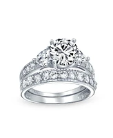3CT Round Solitaire Brilliant Cut Heart Shaped Aaa Cz Pave Band Engagement Wedding Ring Set For Women Sterling Silver