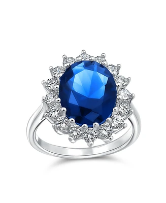 Cocktail Statement 4CT Royal Blue Cubic Zirconia Simulated Sapphire Aaa Cz Crown Halo Oval Engagement Ring For Women .925 Sterling Silver