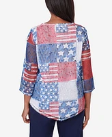 Alfred Dunner Women's All American Patchwork Flag Mesh Top with Necklace