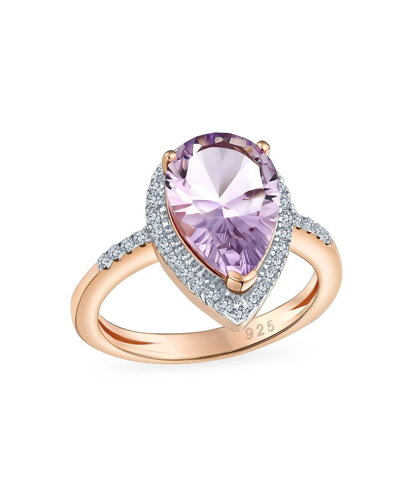 Bling Jewelry 3.75CTW Zircon Pave Halo Pear Shape Teardrop Engagement Ring Pink Natural Amethyst Statement Ring Rose Gold Overlay Sterling Silver