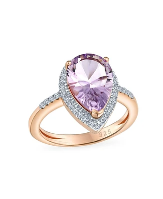 Bling Jewelry 3.75CTW Zircon Pave Halo Pear Shape Teardrop Ring Pink Natural Amethyst Statement Ring Rose Gold Overlay Sterling Silver