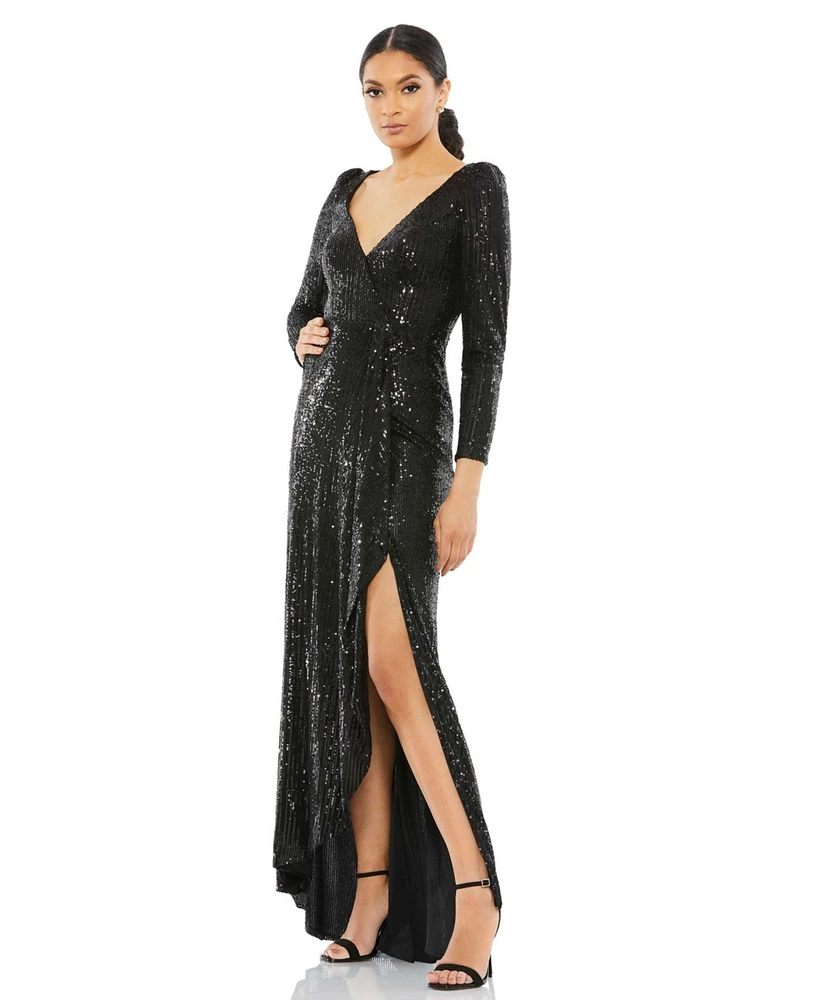 Mac Duggal Women's Ieena Sequined Faux Wrap Long Sleeve Gown