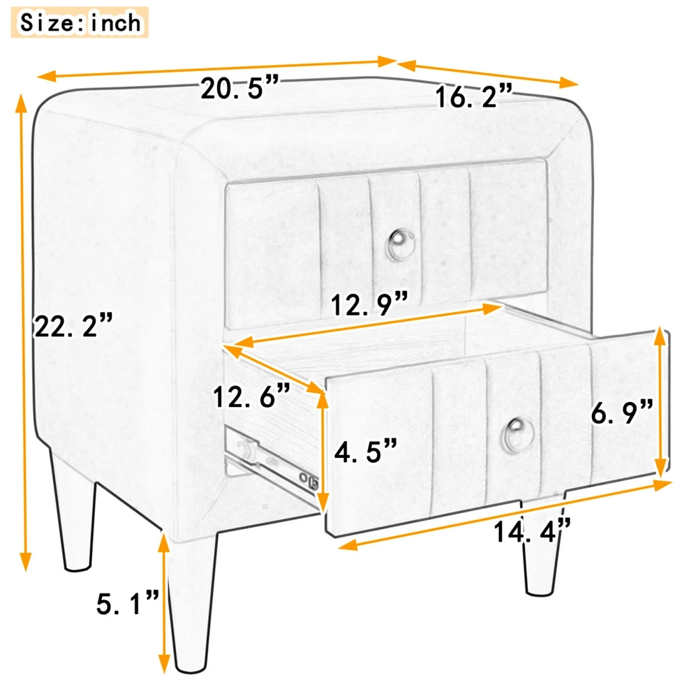 Simplie Fun Upholstered Wooden Nightstand With 2 Drawers, Fully Assembled Except Legs And Handles, Velvet