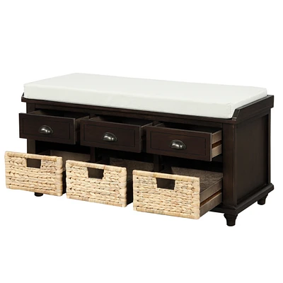 Simplie Fun Rustic Storage Bench With 3 Drawers And 3 Rattan Baskets