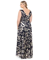 Betsy & Adam Plus Metallic-Print Gown