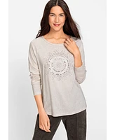 Olsen Cotton Blend Long Sleeve Sparkle Boat Neck T-Shirt