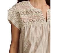 Lucky Brand Women's Cotton Striped Smocked Popover Blouse