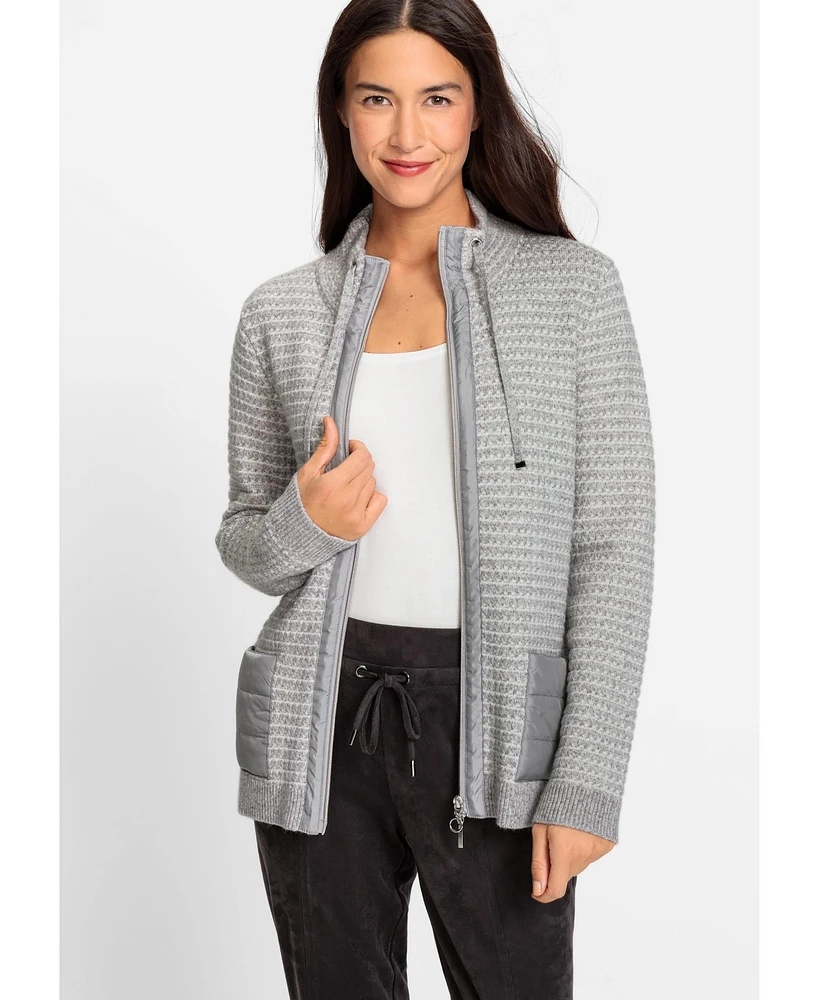 Olsen Women's Long Sleeve Stitch Interest Mixed Media Zip Front Cardigan