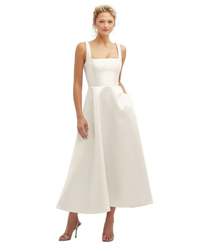 Square Neck Satin Midi Dress with Full Skirt & Pockets