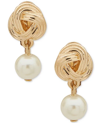 Anne Klein Gold-Tone Textured Knot & Imitation Pearl Clip-On Drop Earrings