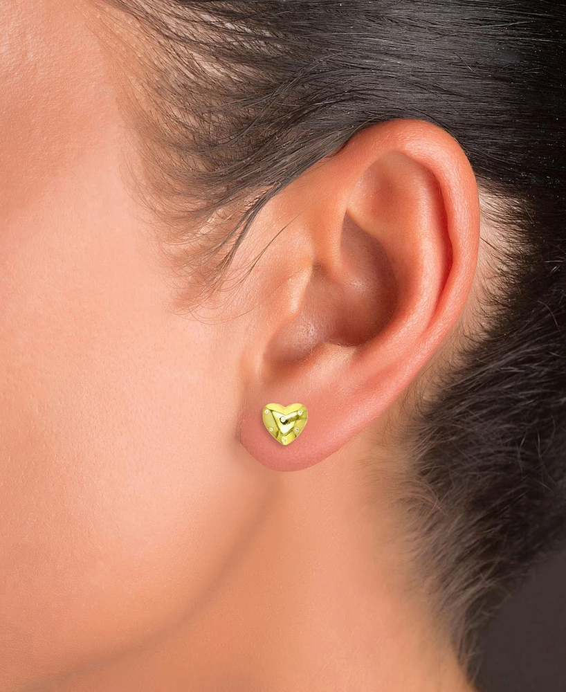 Cubic Zirconia Studded Polished Heart Stud Earrings in 14k Gold-Plated Sterling Silver