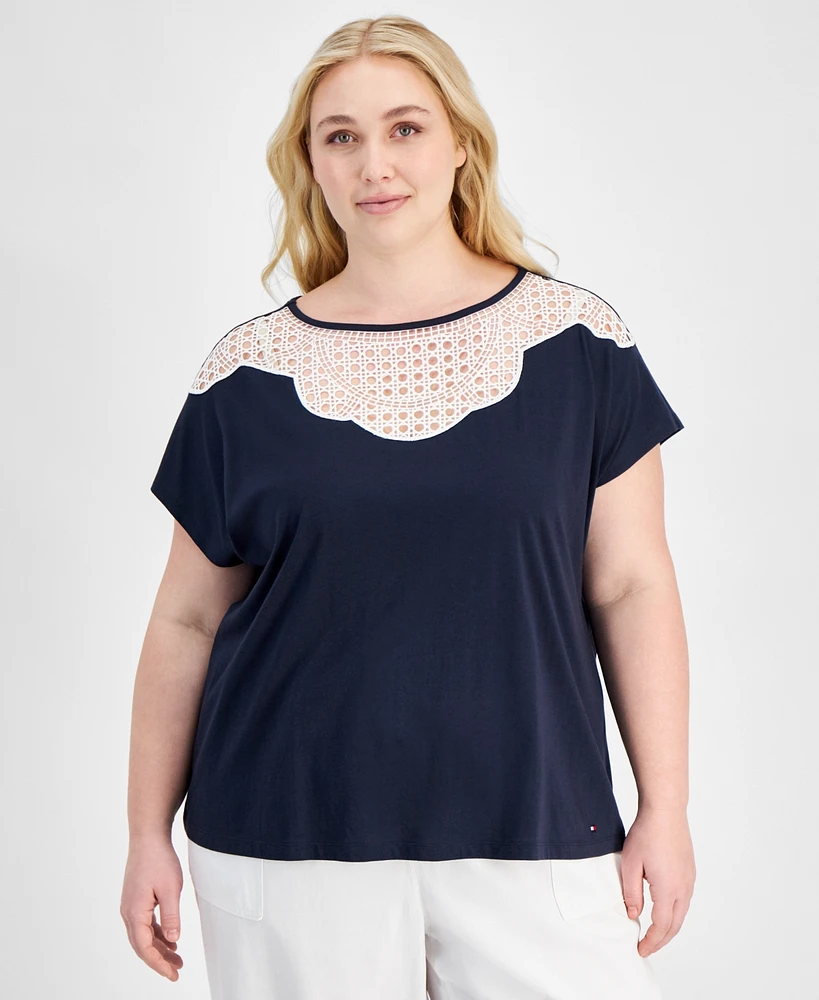 Tommy Hilfiger Plus Lace-Bib Extended-Sleeve Top