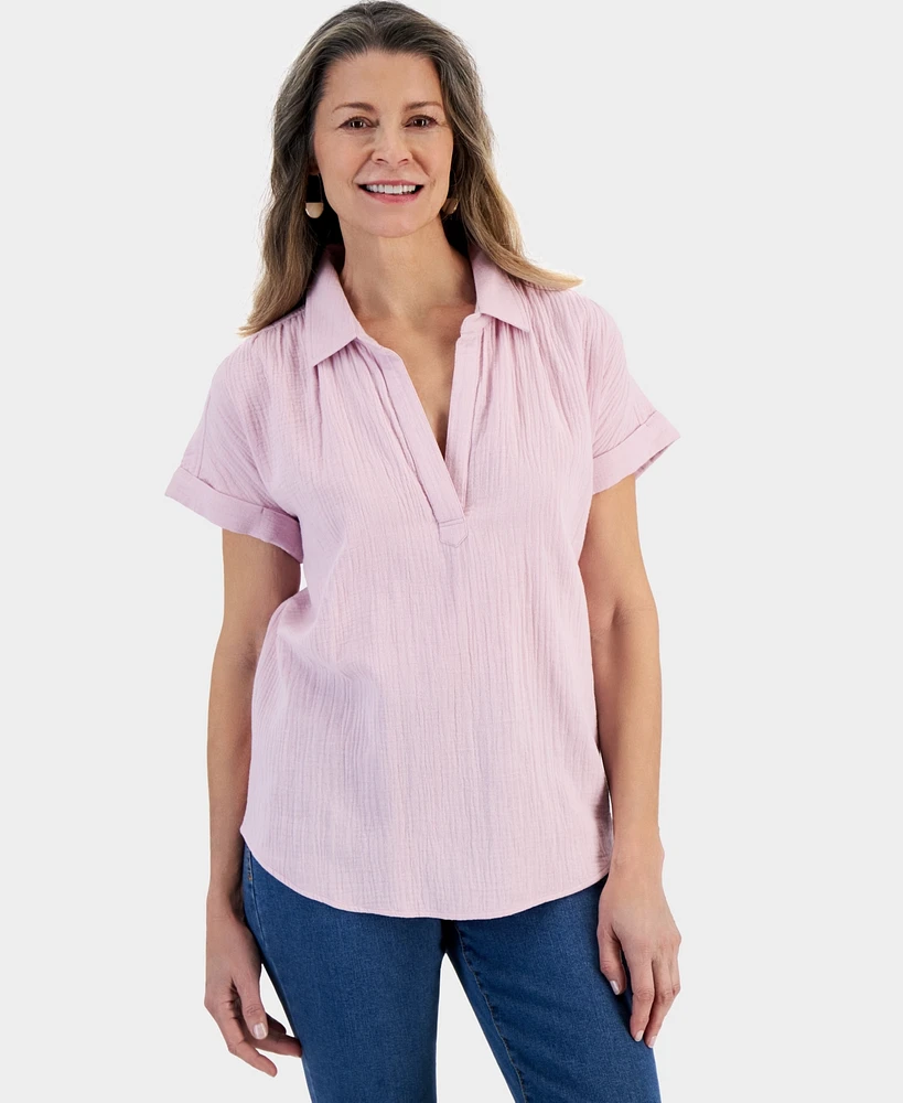 Style & Co Petite Cotton Short-Sleeve Camp Shirt, Created for Macy's