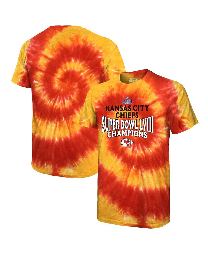 Men's Majestic Red Kansas City Chiefs Super Bowl Lviii Champions Soft Hand Tie-Dye T-shirt