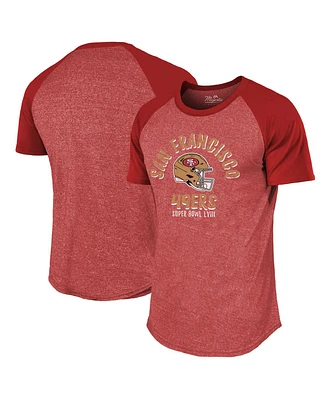Men's Majestic Threads Scarlet Distressed San Francisco 49ers Super Bowl Lviii Tri-Blend Raglan T-shirt