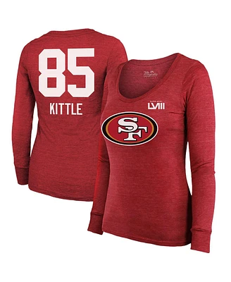 Women's Majestic Threads George Kittle Scarlet San Francisco 49ers Super Bowl Lviii Scoop Name and Number Tri-Blend Long Sleeve T-shirt