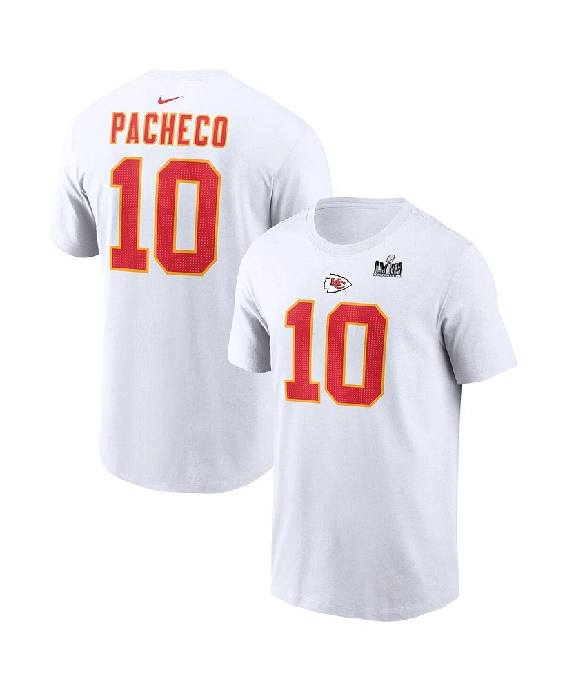 Men's Nike Isiah Pacheco White Kansas City Chiefs Super Bowl Lviii Patch Player Name and Number T-shirt