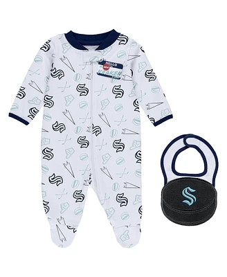 Baby Boys and Girls Wear by Erin Andrews White Seattle Kraken Sleep Play Full-Zip Footed Jumper with Bib