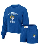 Women's Wear by Erin Andrews Royal Distressed Los Angeles Rams Waffle Knit Long Sleeve T-shirt and Shorts Lounge Set