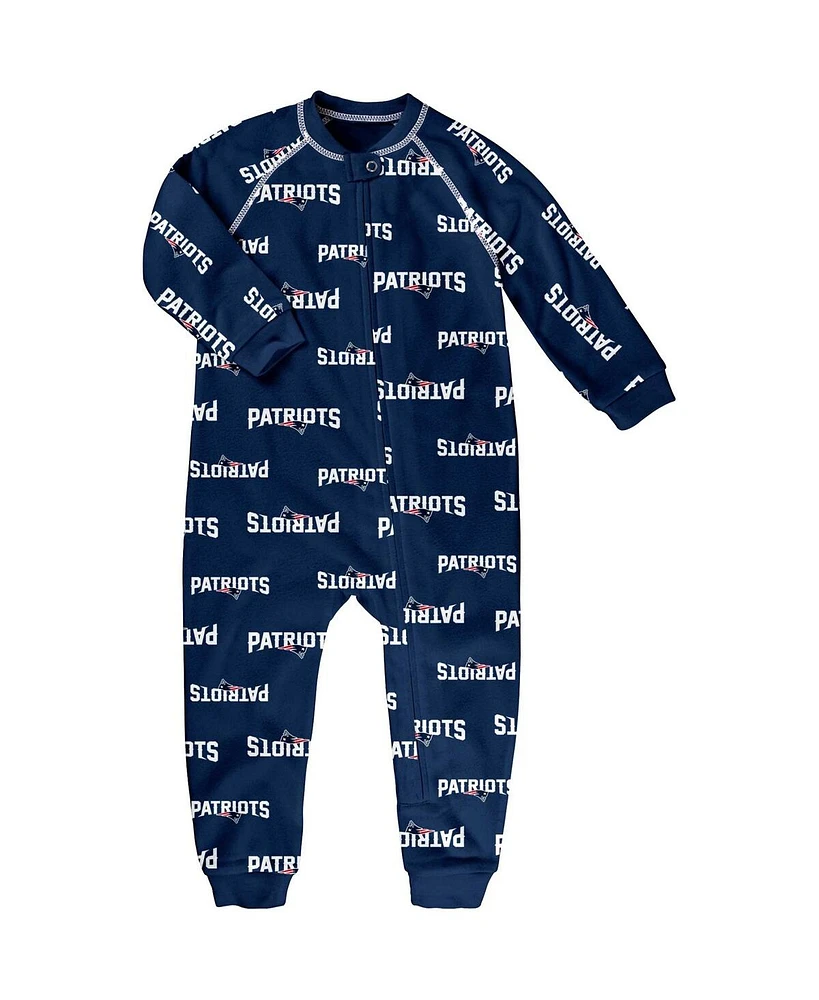 Toddler Boys and Girls Navy New England Patriots Allover Print Raglan Full-Zip Sleeper