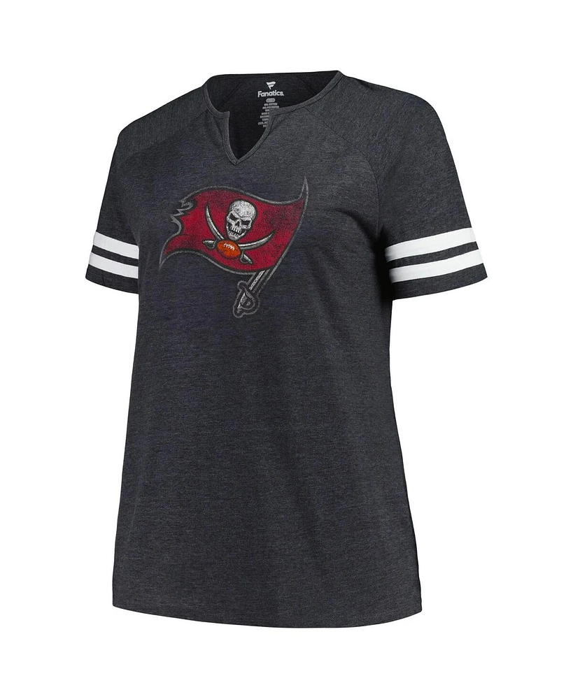 Women's Fanatics Charcoal Distressed Tampa Bay Buccaneers Plus Logo Notch Neck Raglan Sleeve T-shirt