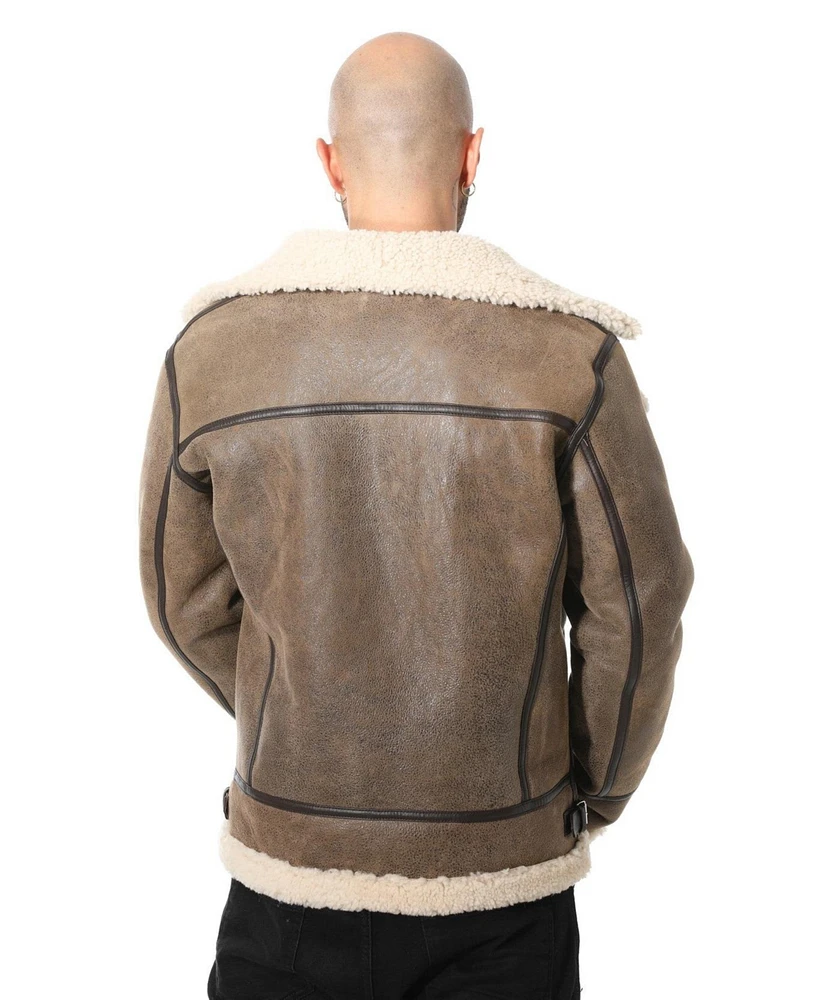 Men's Shearling Biker Jacket, Vintage Like Camel with Beige Curly Wool